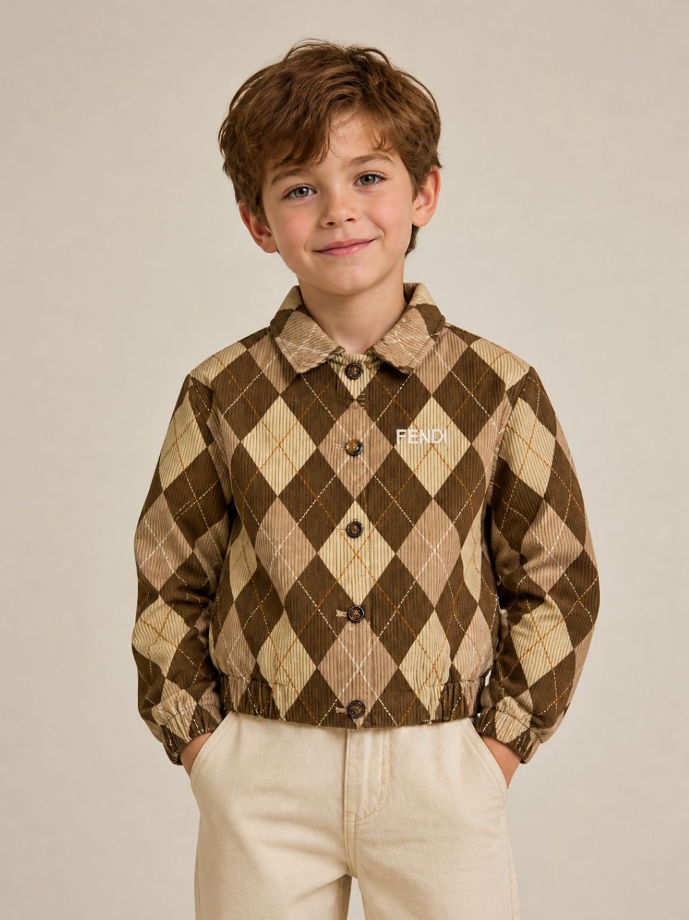 Giacca per bambini Fendi Kids beige con design a rombi JFA233 AY8U F1PNJ FENDI KIDS