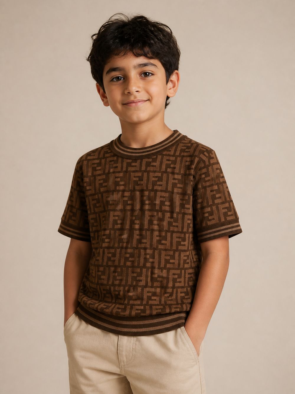 T-shirt per bambini Fendi Kids marrone con logo FF all-over JFG069 AEYD F15B6 FENDI KIDS