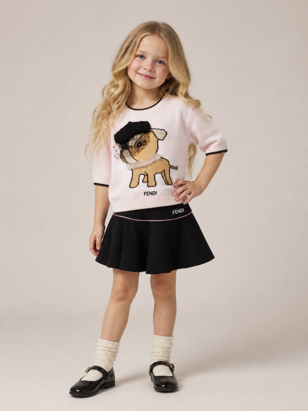 Maglione per bambina Fendi Kids rosa con ricamo cagnolino JFG263 AJ8W F1UL9 FENDI KIDS