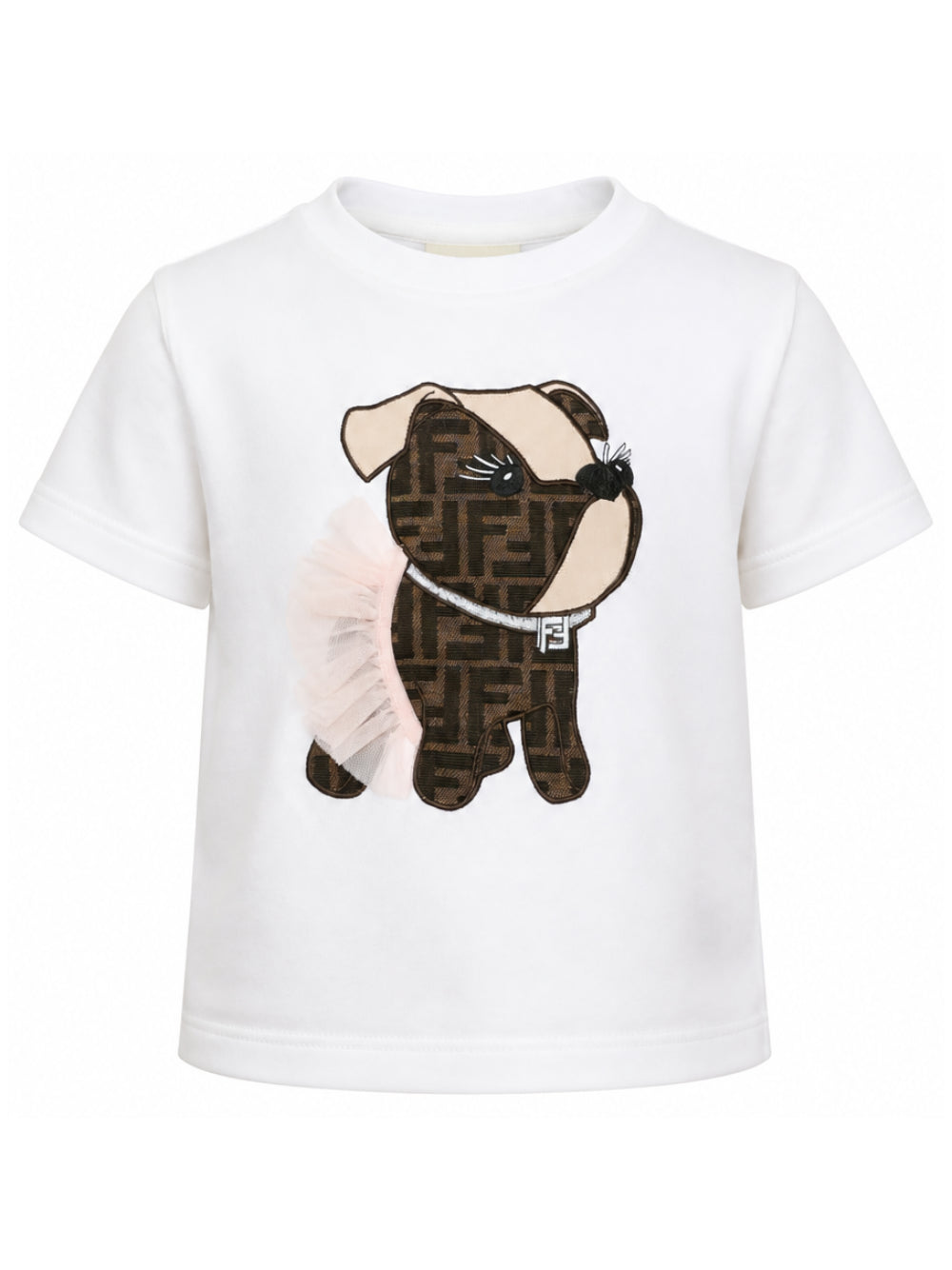 T-shirt per bambina Fendi Kids bianca con applicazione sul davanti JFI418 AVWL F0TU9 FENDI KIDS