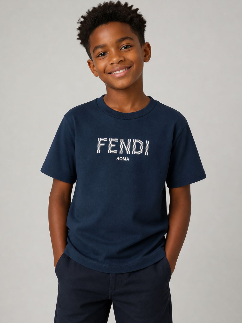 T-shirt per bambino Fendi Kids blu navy con stampa logo sul davanti JMI463 7AJ F1I11 FENDI KIDS