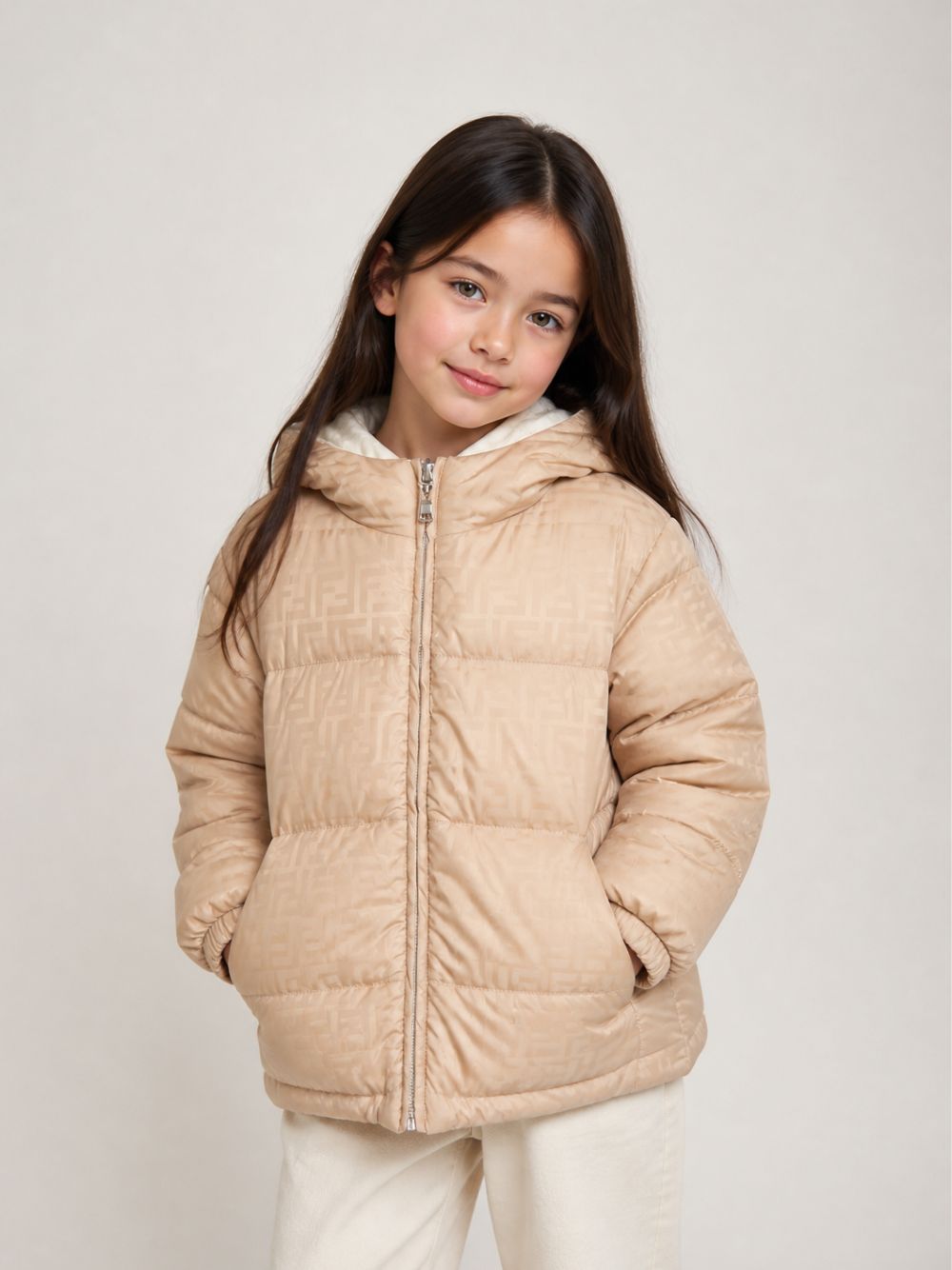 Giubbino per bambini Fendi Kids beige con logo FF jacquard all-over JUA282 AJ8U F1P2N FENDI KIDS