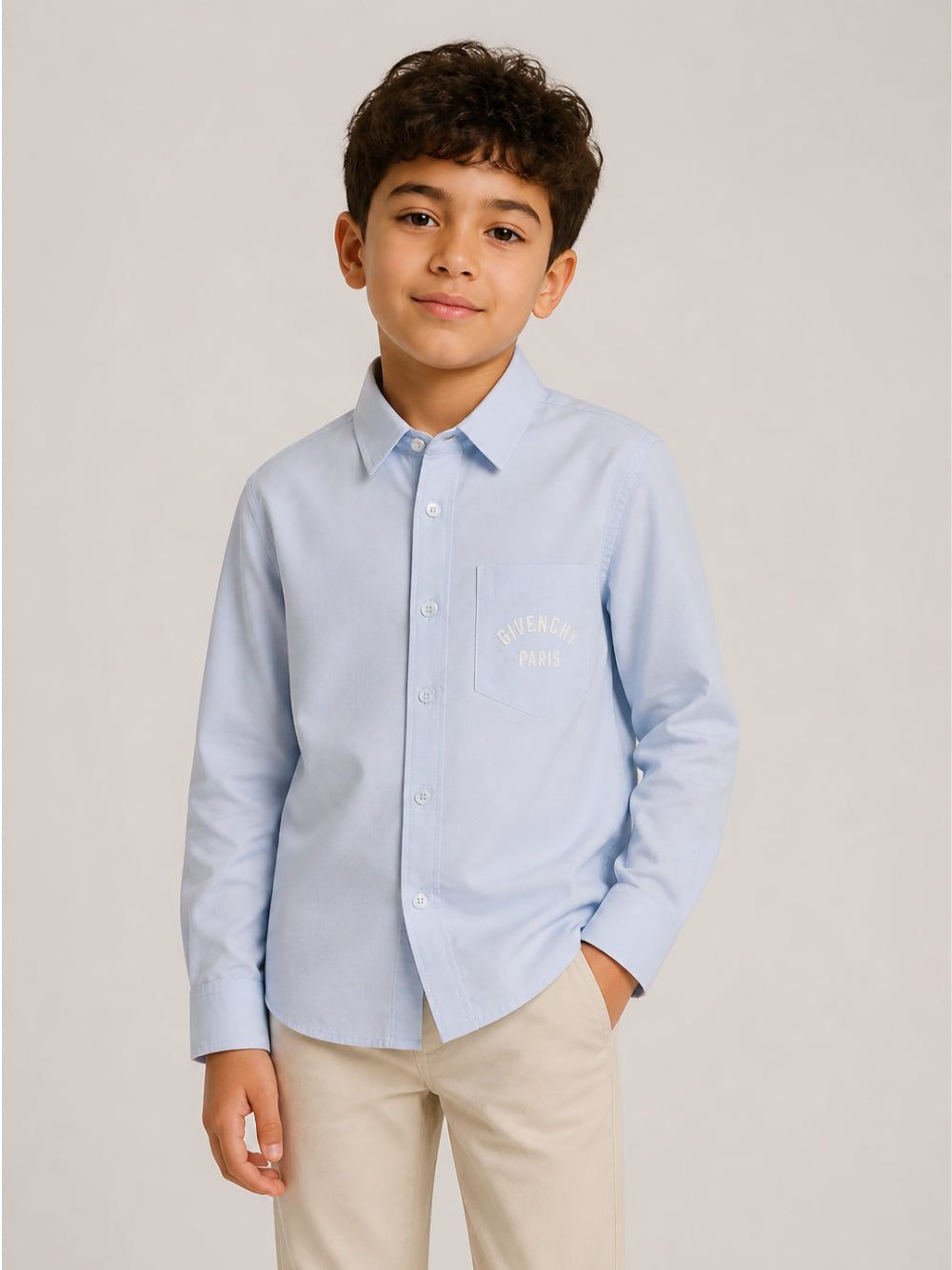 Camicia per bambino Givenchy Kids azzurra con logo ricamato e tasca H31392 789 GIVENCHY KIDS