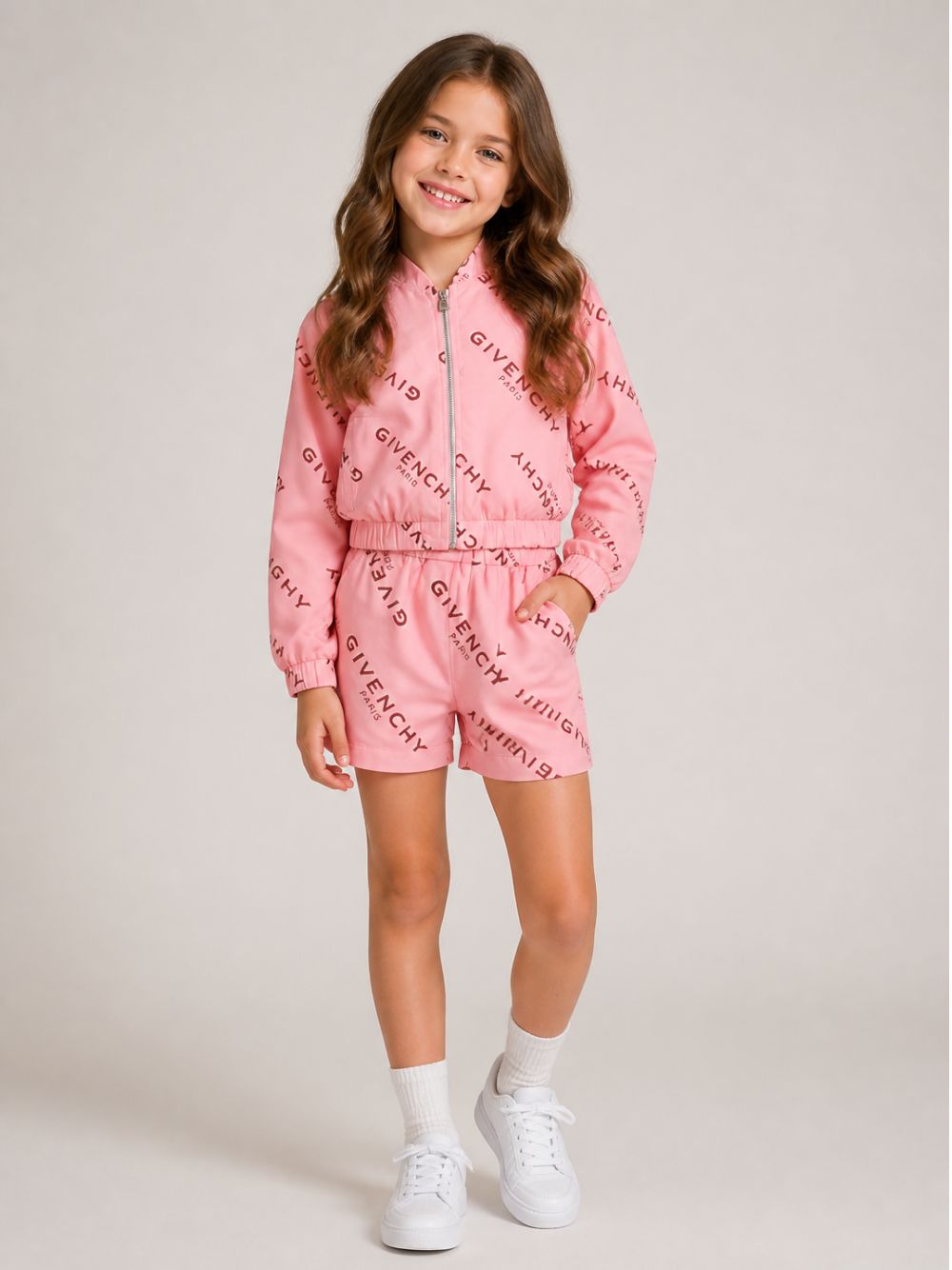 Completo felpa e shorts per bambina Givenchy Kids rosa con stampa logo all-over H31553 46G GIVENCHY KIDS