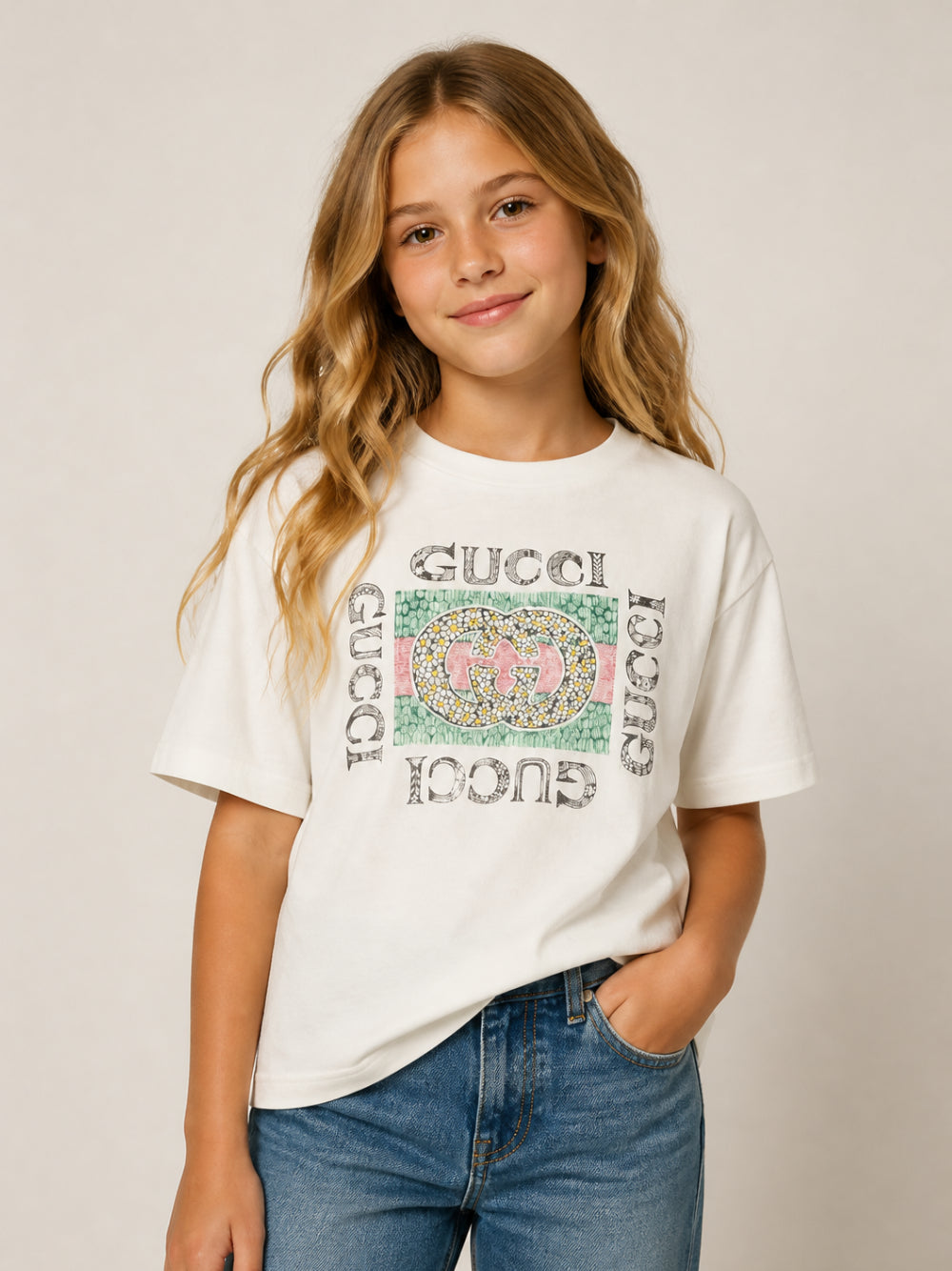 T-shirt per bambina Gucci Kids bianca con stampa con logo Interlocking G 868058XJHYW 9214 GUCCI KIDS