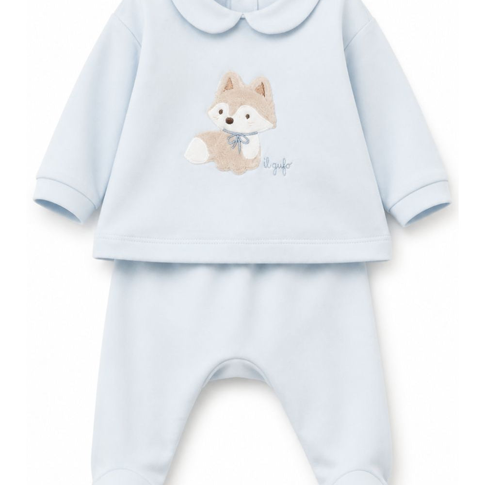 Tutina per neonato Il Gufo Kids azzurro con colletto Peter Pan e toppa a volpe A26GDF0036M0100 404 IL GUFO KIDS