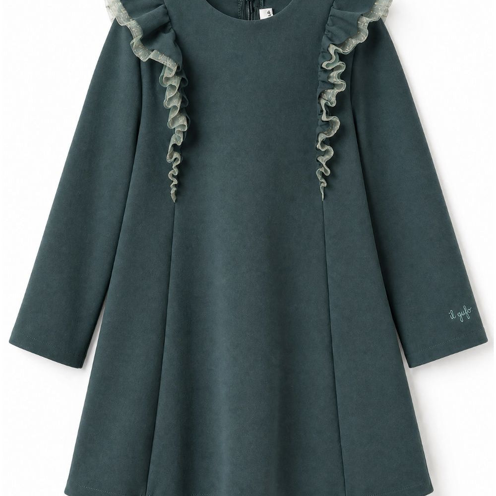 Abito per bambina Il Gufo Kids verde con ruches applicate sul davanti A26GVL0031N0057 558 IL GUFO KIDS