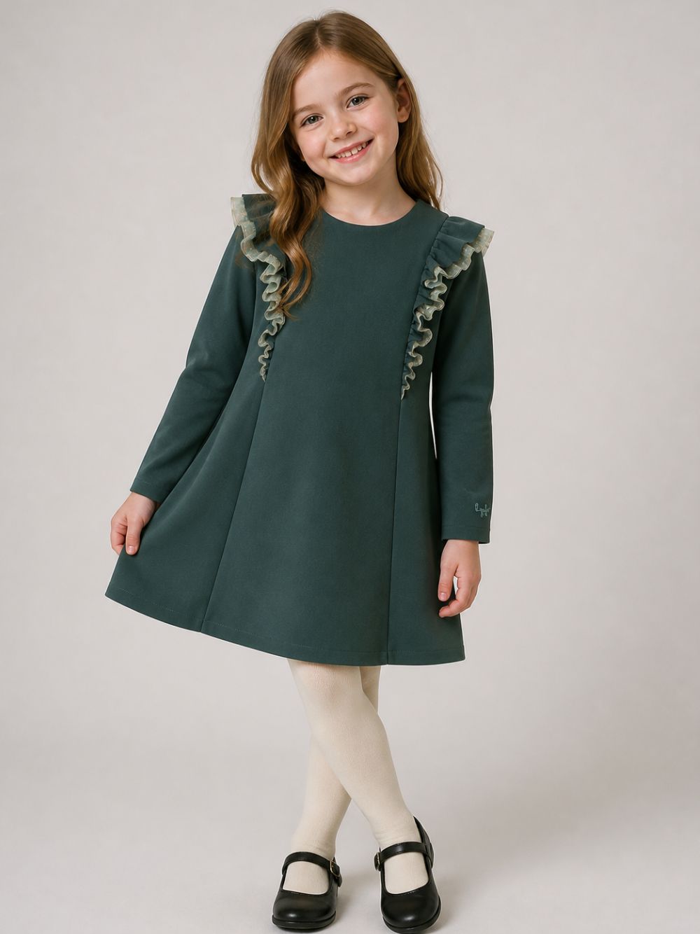 Abito per bambina Il Gufo Kids verde con ruches applicate sul davanti A26GVL0031N0057 558 IL GUFO KIDS