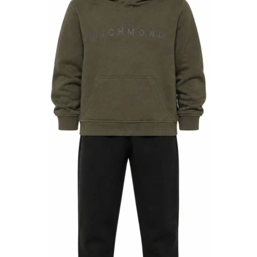 Completo felpa e pantaloni per bambino John Richmond Junior verde e nero con logo sul davanti RBA26007CF OLIVE JOHN RICHMOND KIDS