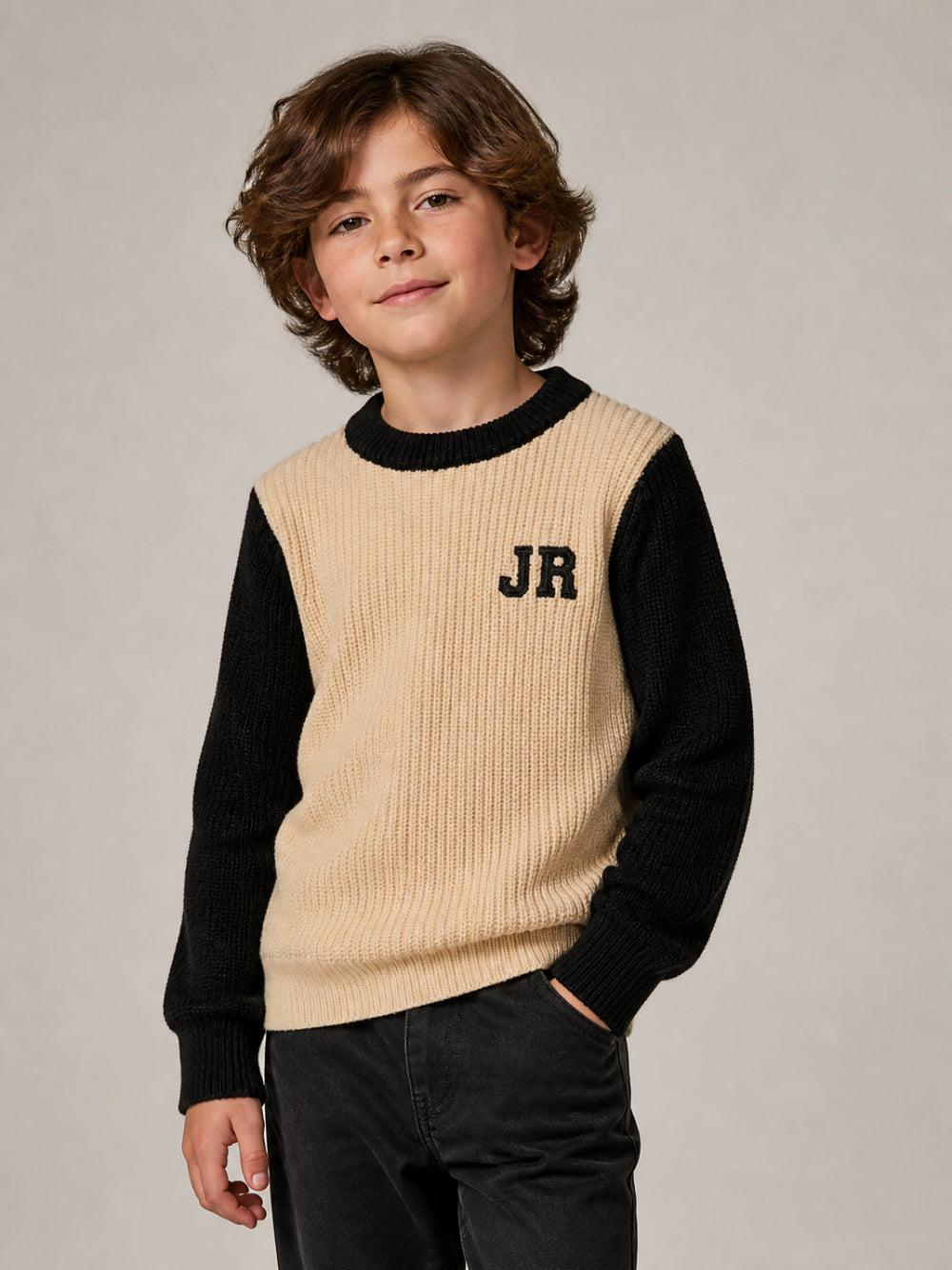 Maglione per bambino John Richmond Junior beige con finiture a coste RBA26092MA KHAKI JOHN RICHMOND KIDS