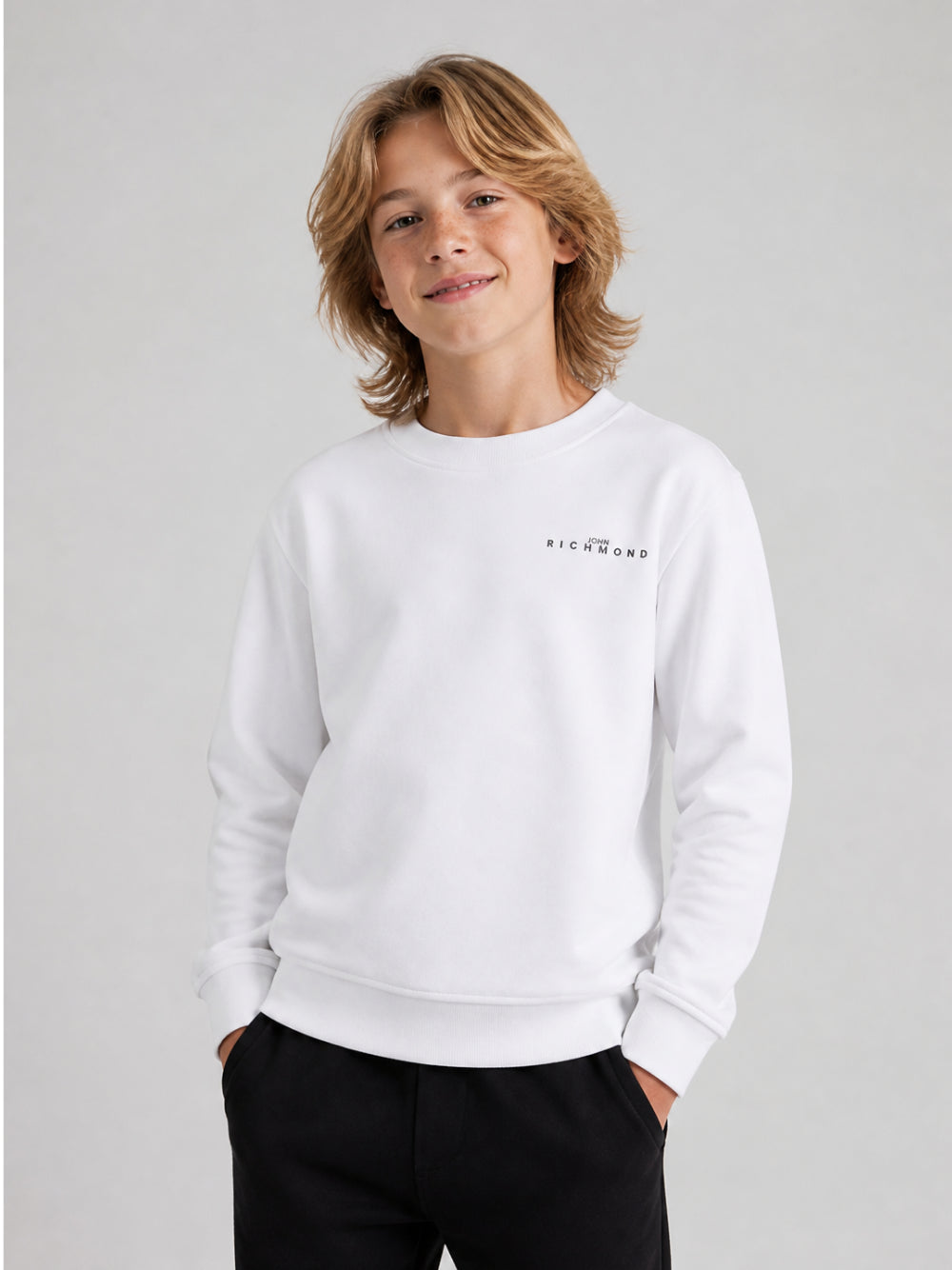 Felpa per bambino John Richmond Junior bianca con stampa logo sul davanti RBA26176FE WHITE JOHN RICHMOND KIDS