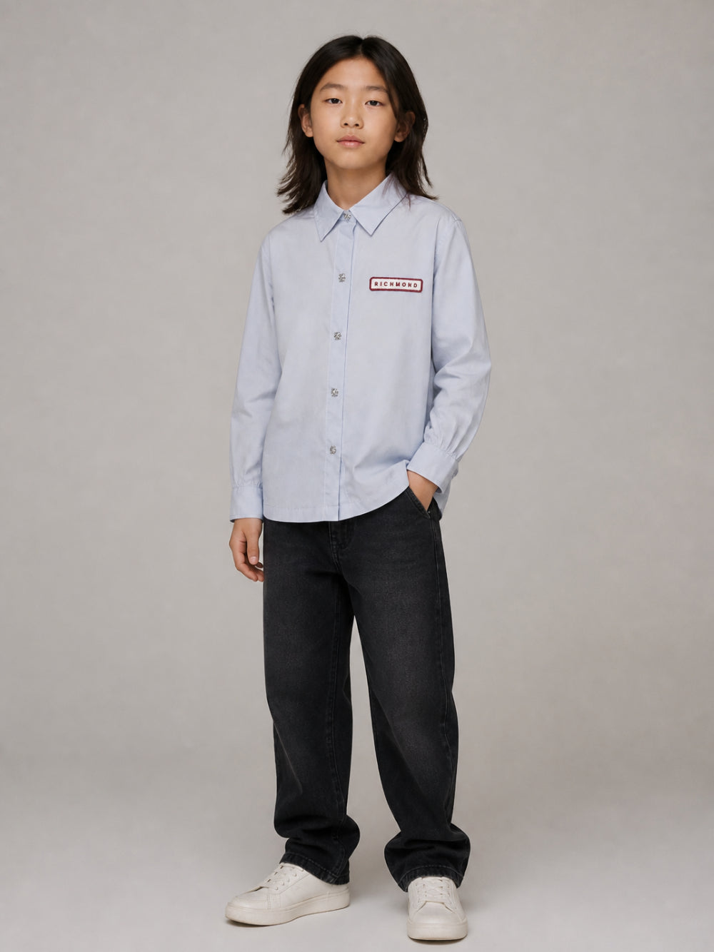 Camicia per bambino John Richmond Kids azzurro con patch logo RGA26078CA SKY JOHN RICHMOND KIDS