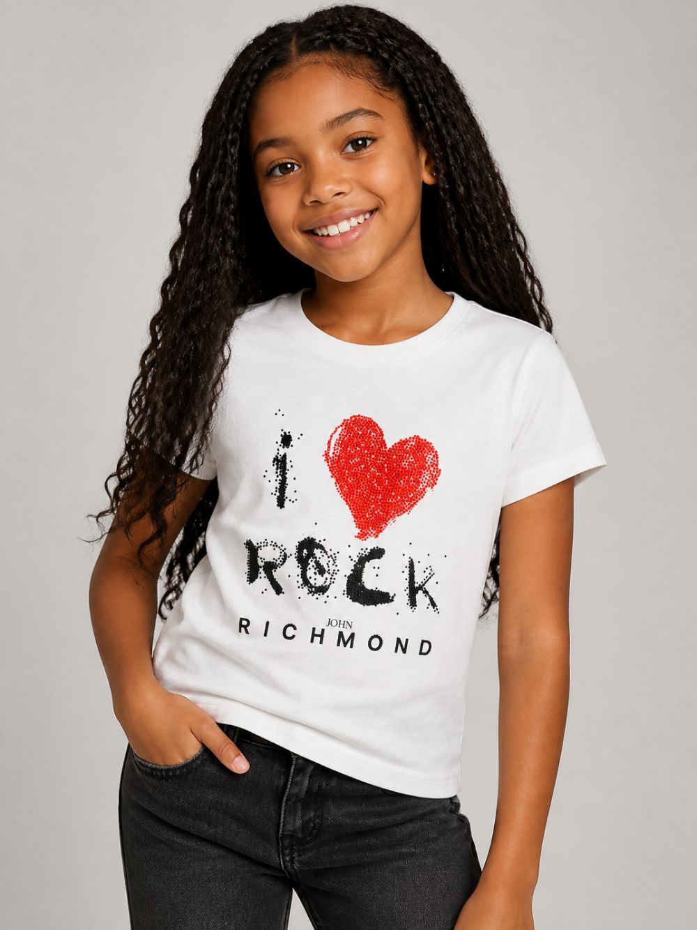 T-shirt per bambina John Richmond Kids bianca con logo ricamato sul davanti RGA26112TS WHITE JOHN RICHMOND KIDS