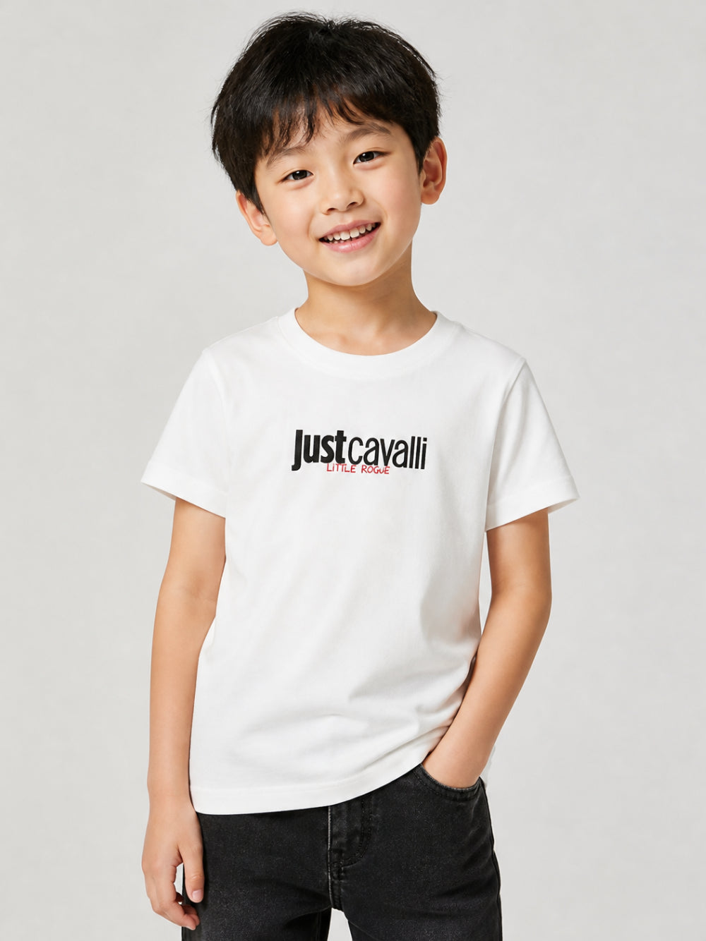 T-shirt per bambino Just Cavalli Kids bianca con logo sul davanti JBA26005TS MARSHMALLOW JUST CAVALLI KIDS