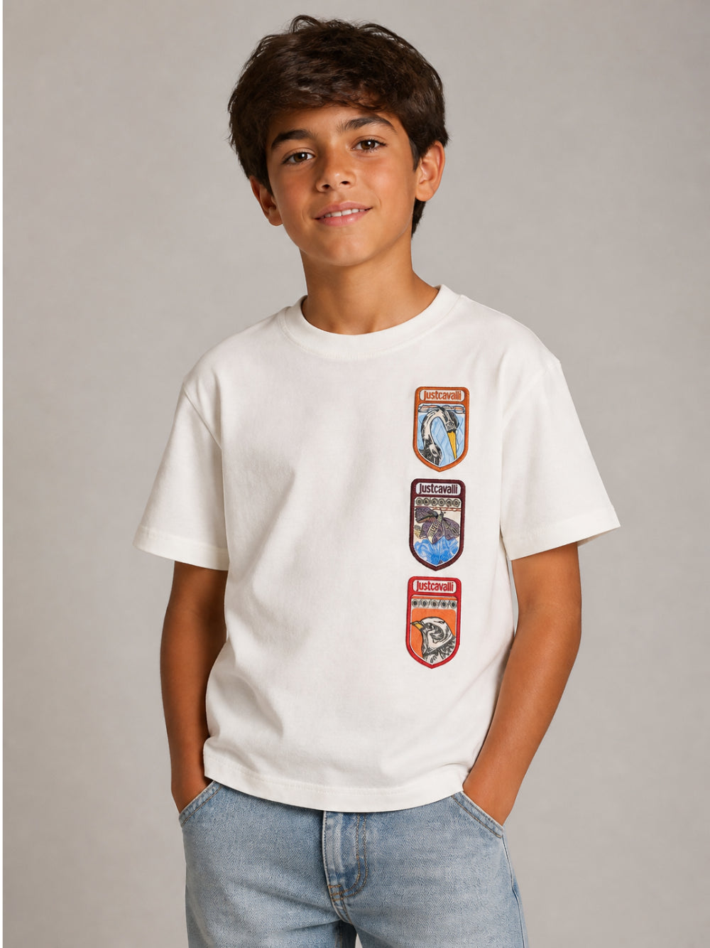 T-shirt per bambino Just Cavalli Kids bianca con applicazioni JBA26042TS MARSHMALLOW JUST CAVALLI KIDS