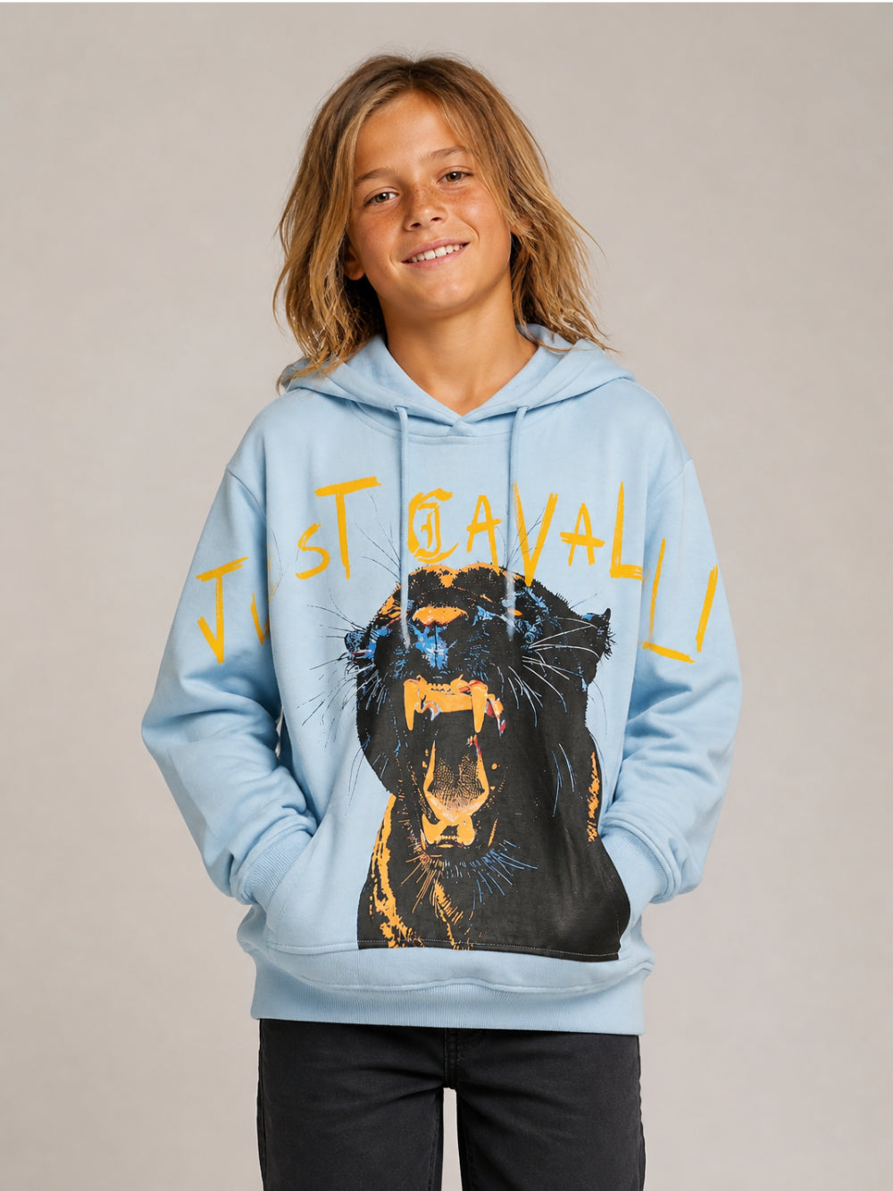 Felpa per bambino Just Cavalli Kids azzurra con stampa pantera sul davanti JBA26093FE BLUE BELL JUST CAVALLI KIDS