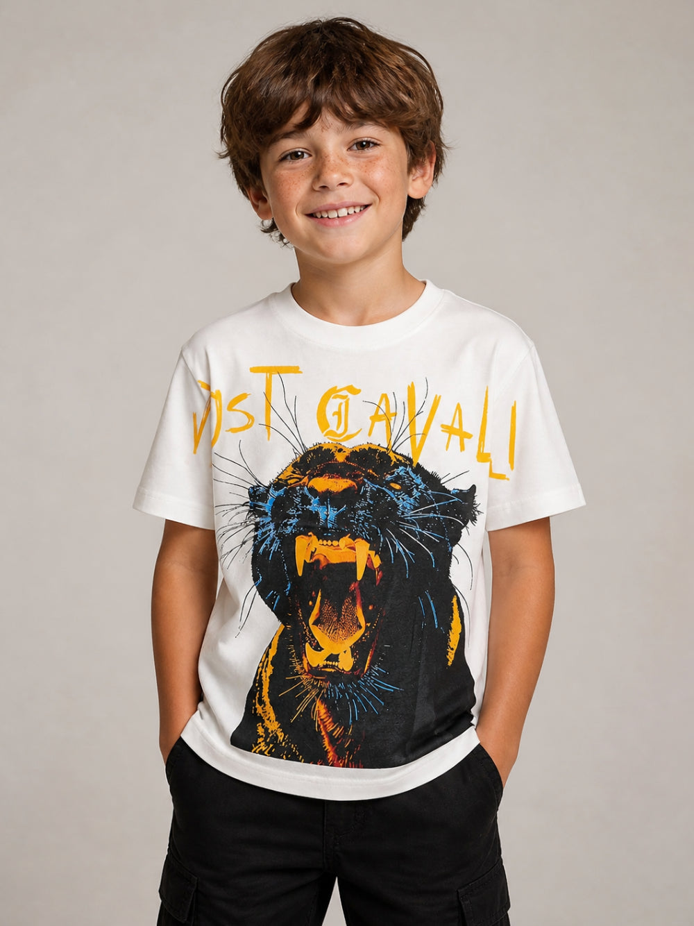 T-shirt per bambino Just Cavalli Kids bianca con stampa pantera JBA26130TS MARSHMALLOW JUST CAVALLI KIDS