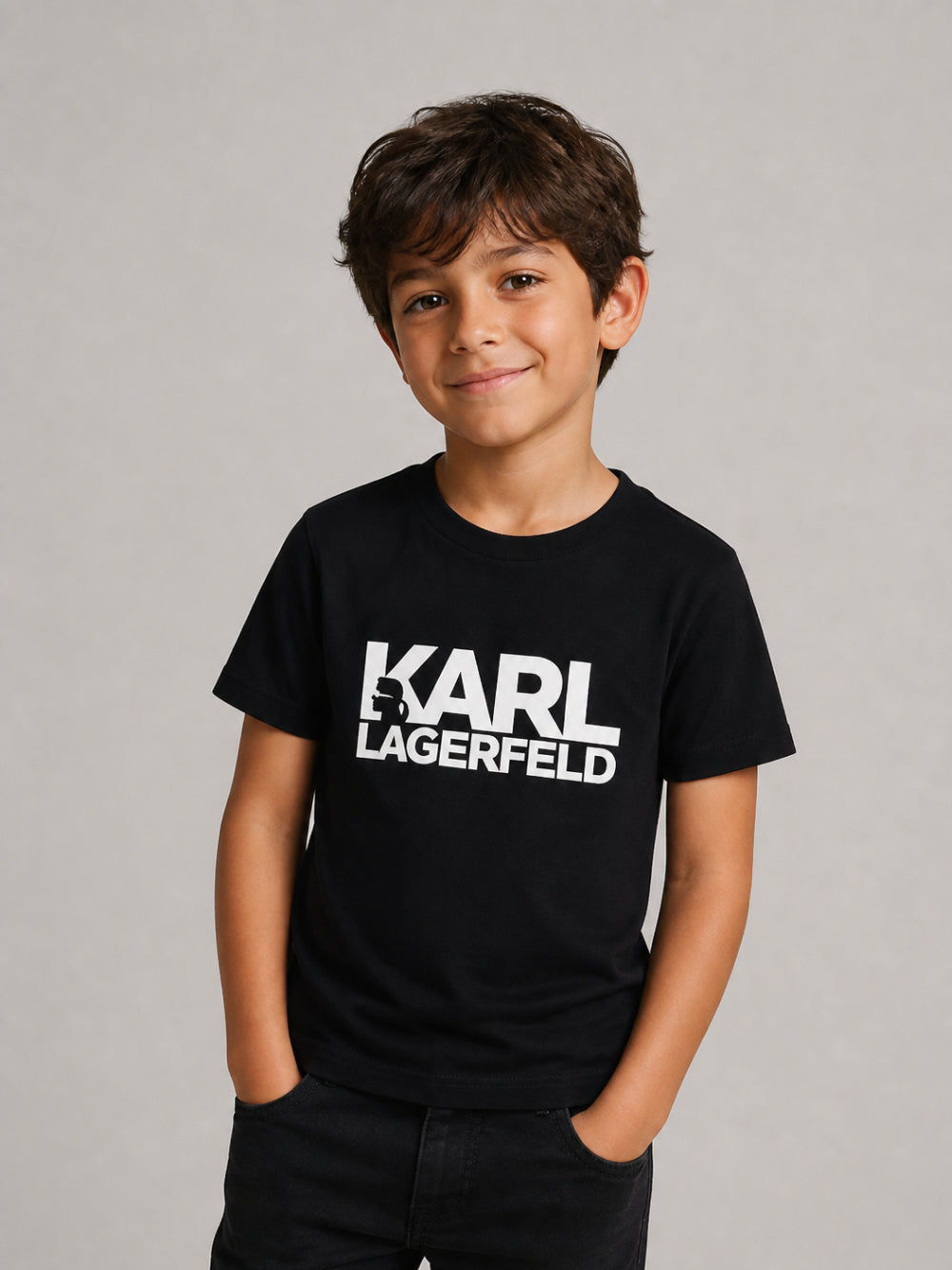 T-shirt Mini Me per bambini Karl Lagerfeld Kids nera con stampa logo sul davanti Z31098 09B KARL LAGERFELD KIDS