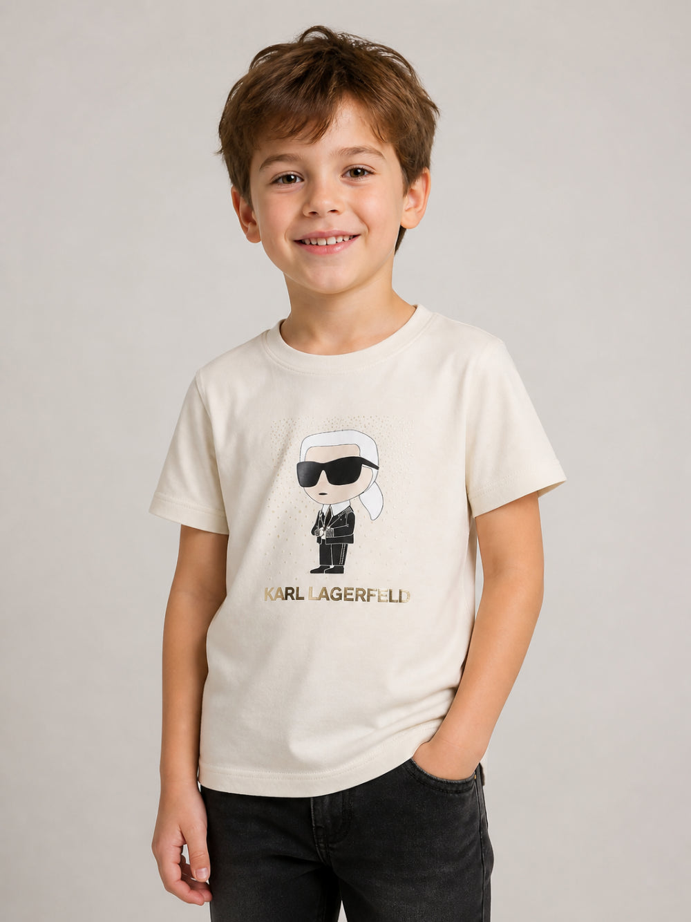 T-shirt per bambino Karl Lagerfeld Kids beige con stampa grafica Z31308 182 KARL LAGERFELD KIDS