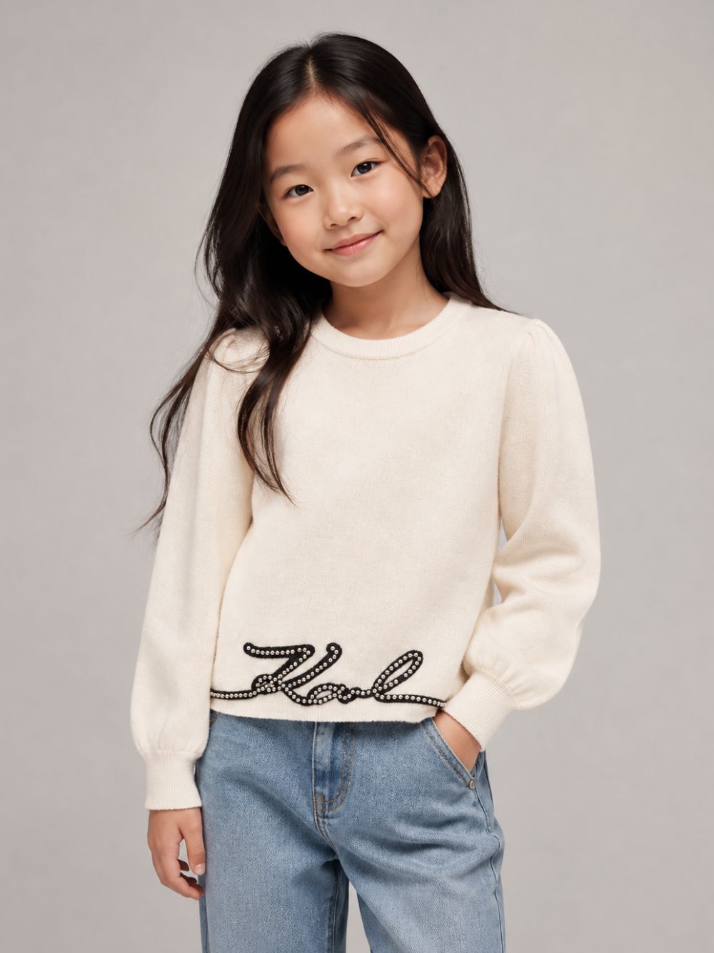 Maglione per bambina Karl Lagerfeld Kids bianco con maniche a sbuffo Z31324 182 KARL LAGERFELD KIDS