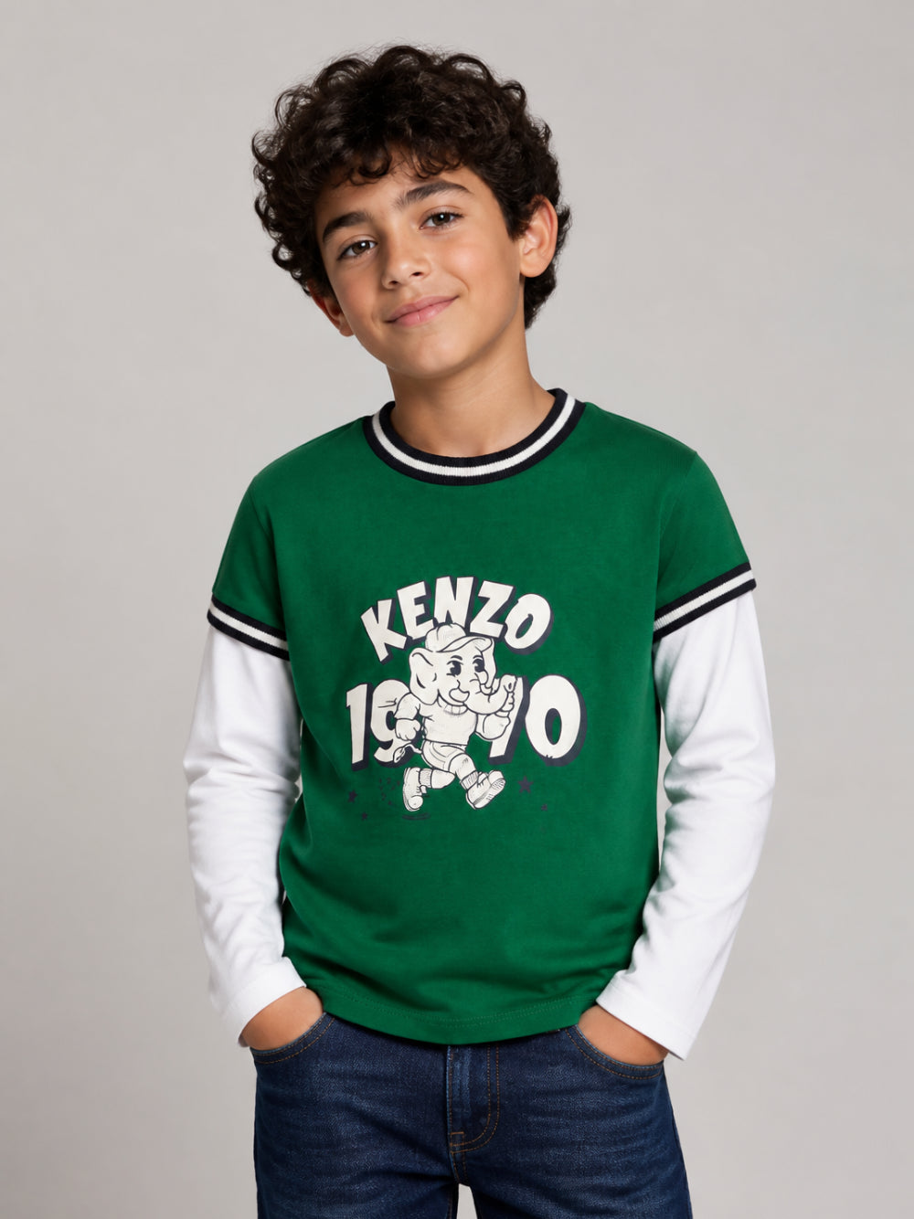 T-shirt per bambino Kenzo Kids verde con maniche a contrasto K61931 651 KENZO KIDS