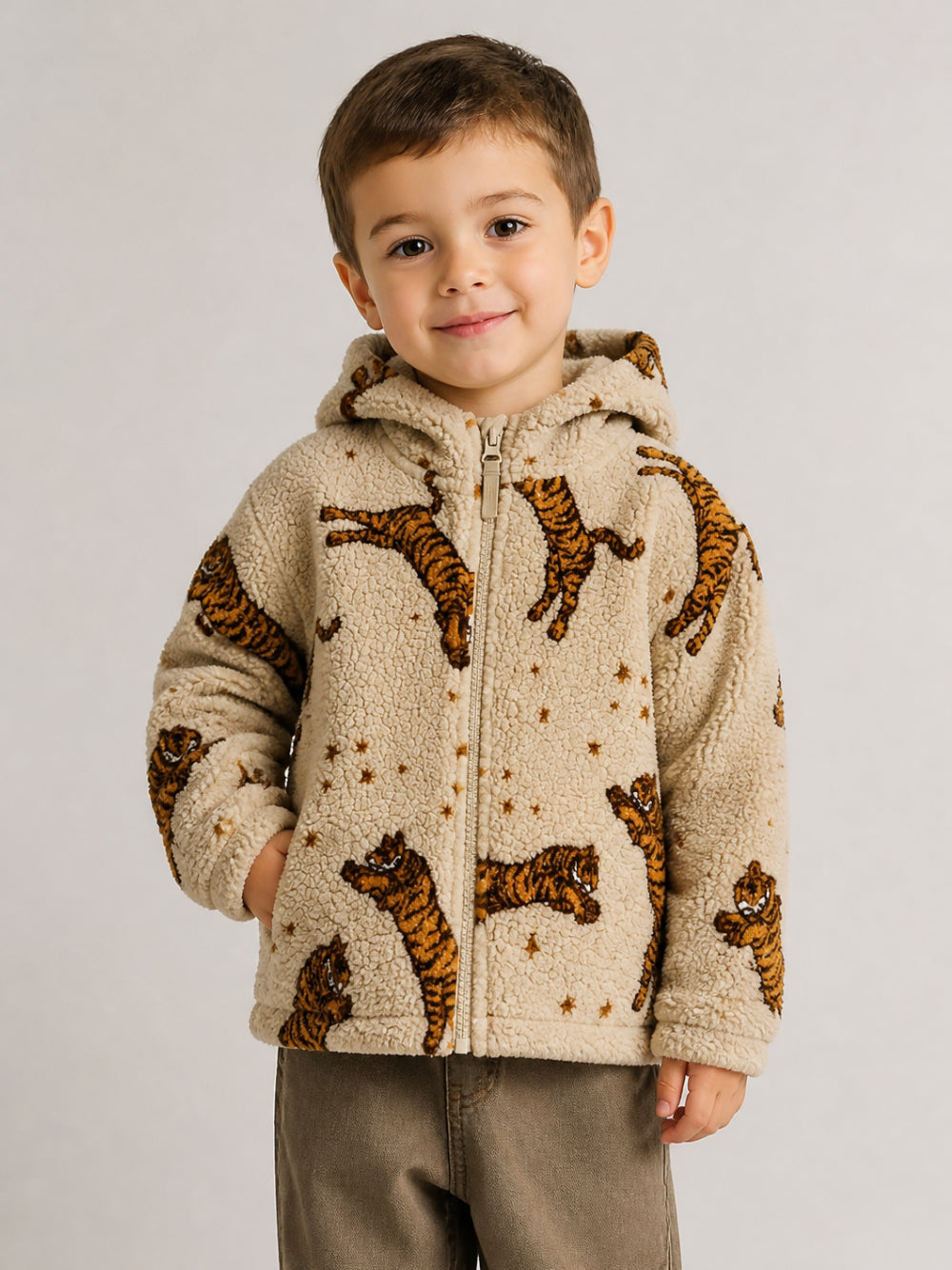 Giacca per bambino Konges Slojd beige effetto teddy con stampa tigre KS106048 P10098 KONGES SLOJD KIDS