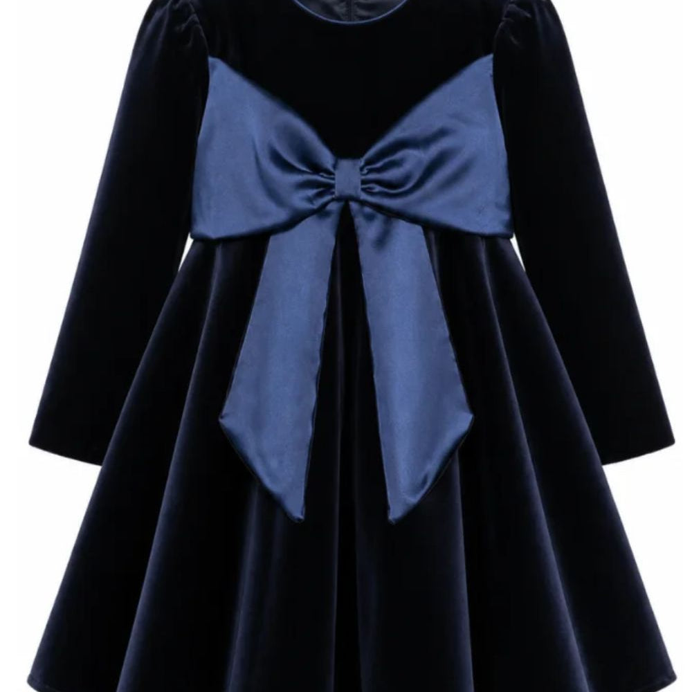 Abito per bambina La Stupenderia blu in velluto con dettaglio fiocco 3CJAB44 V46 LA STUPENDERIA KIDS