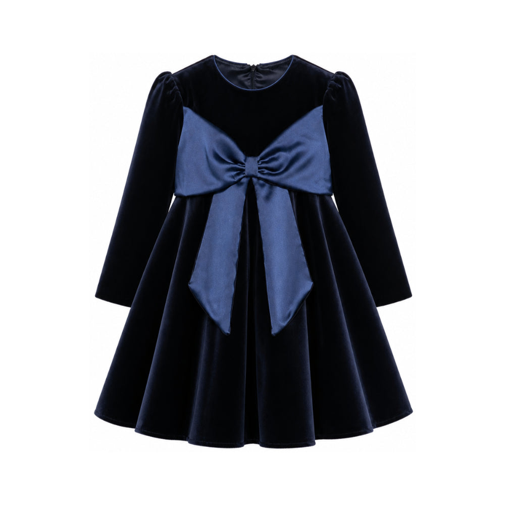 Abito per bambina La Stupenderia blu in velluto con dettaglio fiocco 3CJAB44 V46 LA STUPENDERIA KIDS