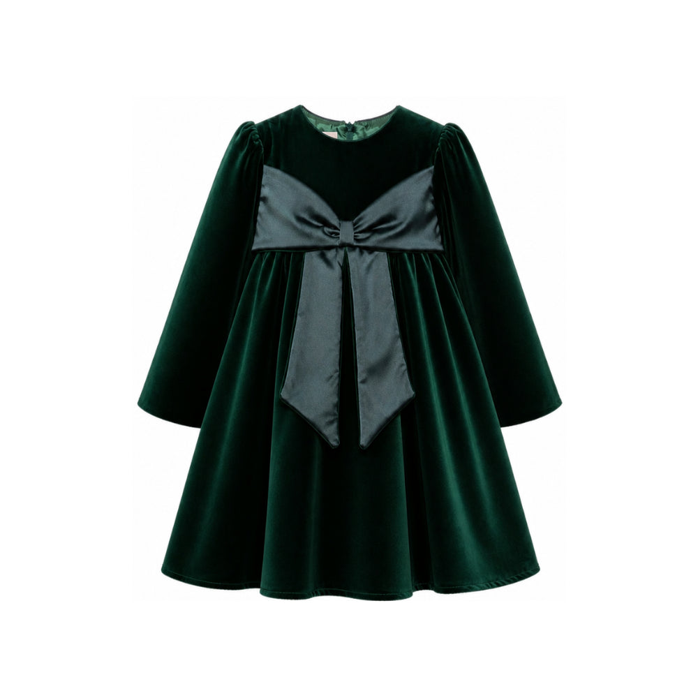 Abito per bambina La Stupenderia verde in velluto con dettaglio fiocco 3CJAB44 V80 LA STUPENDERIA KIDS