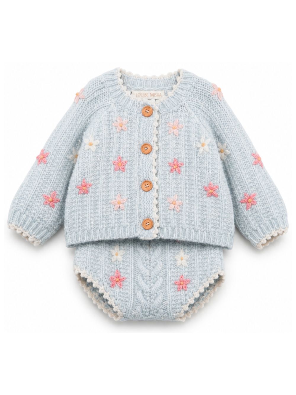Set cardigan e short per neonata Louise Misha Kids azzurra con ricamo floreale all-over FRC-W26-C0132 CLOUD LOUISE MISHA KIDS