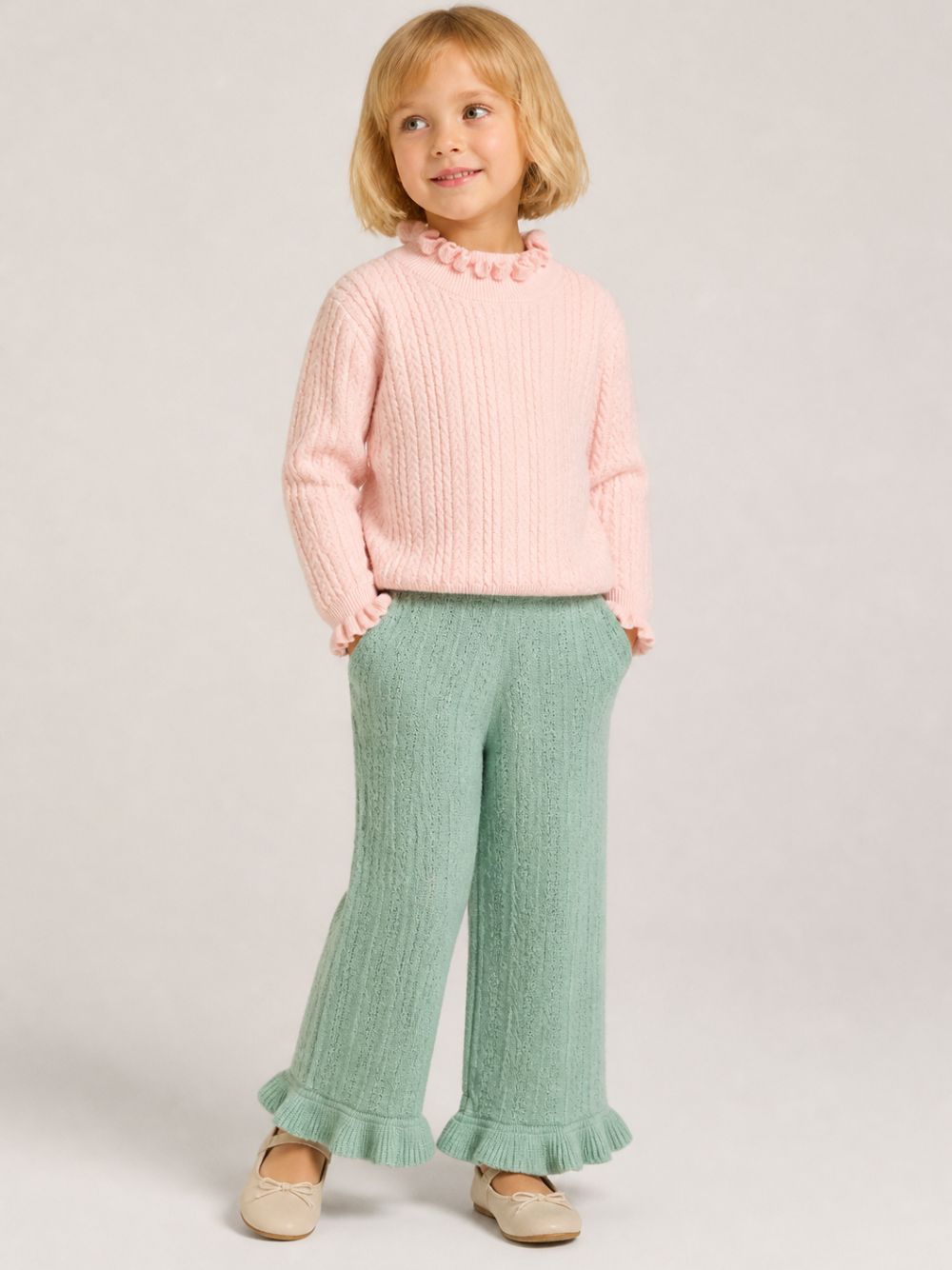 Pantaloni per bambina Louise Misha Kids verde con lavorazione in pointelle GRC-W26-P0106 LICHEN LOUISE MISHA KIDS