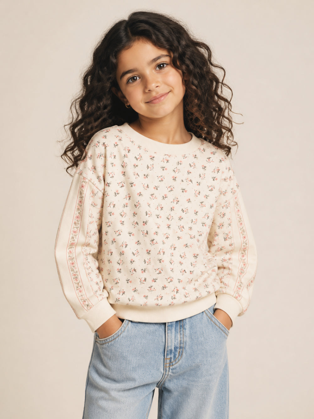 Felpa per bambina Louise Misha Kids beige con stampa floreale GRI-W26-S0092 PINK LOUISE MISHA KIDS