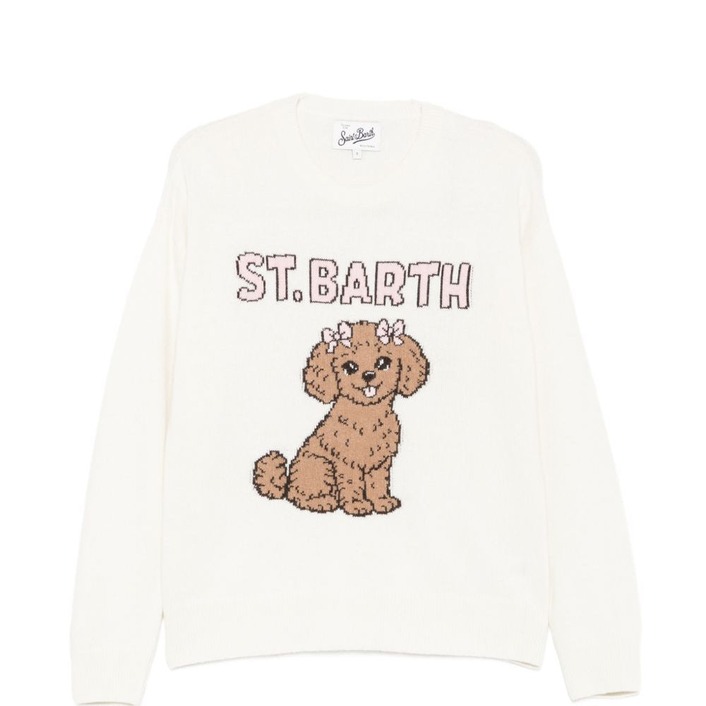 Maglione per donna MC2 St. Barth bianco con cagnolino ricamato sul davanti TESS001 03442M MC2 ST. BARTH