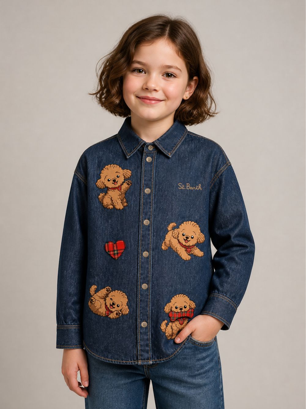 Camicia per bambina MC2 St. Barth Kids blu con barboncini ricamati sul davanti GIG0007 00923M MC2 ST. BARTH KIDS