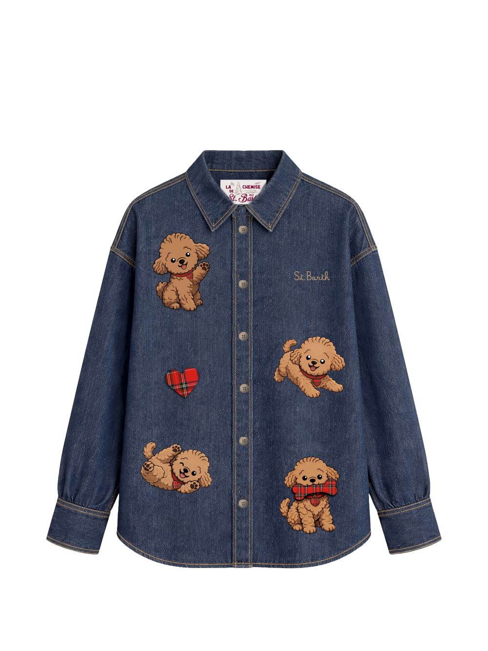 Camicia per bambina MC2 St. Barth Kids blu con barboncini ricamati sul davanti GIG0007 00923M MC2 ST. BARTH KIDS