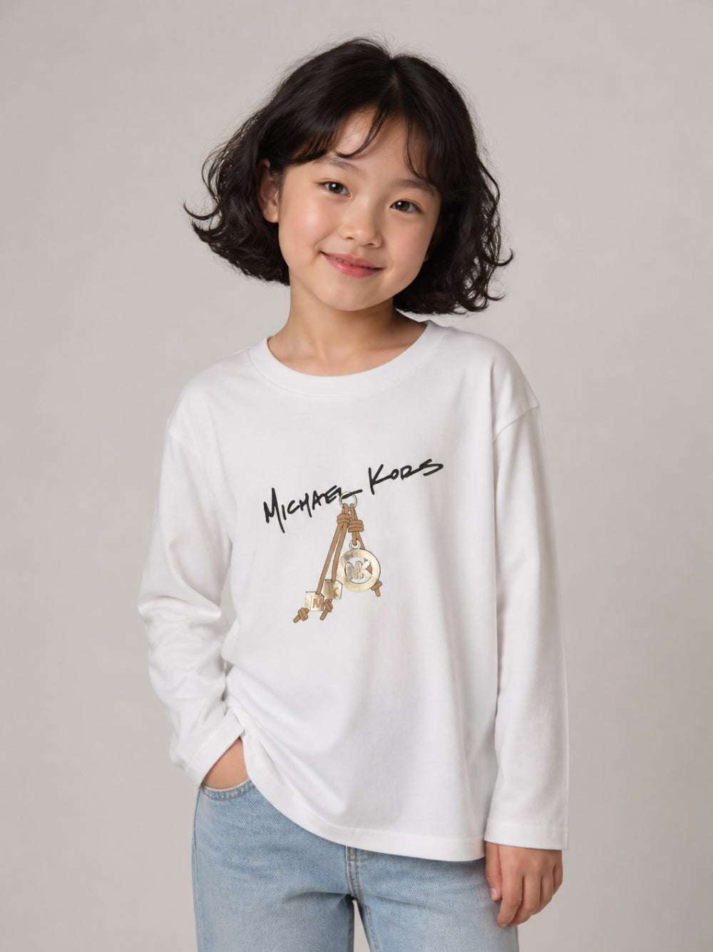 T-shirt per bambina Michael Kors bianca con stampa logo sul davanti R30684 117 MICHAEL KORS KIDS