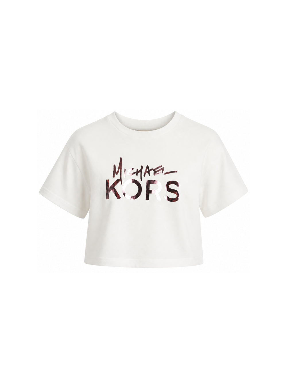 T-shirt per bambina Michael Kors Kids bianca con stampa logo metallizzato sul davanti R30686 117 MICHAEL KORS KIDS