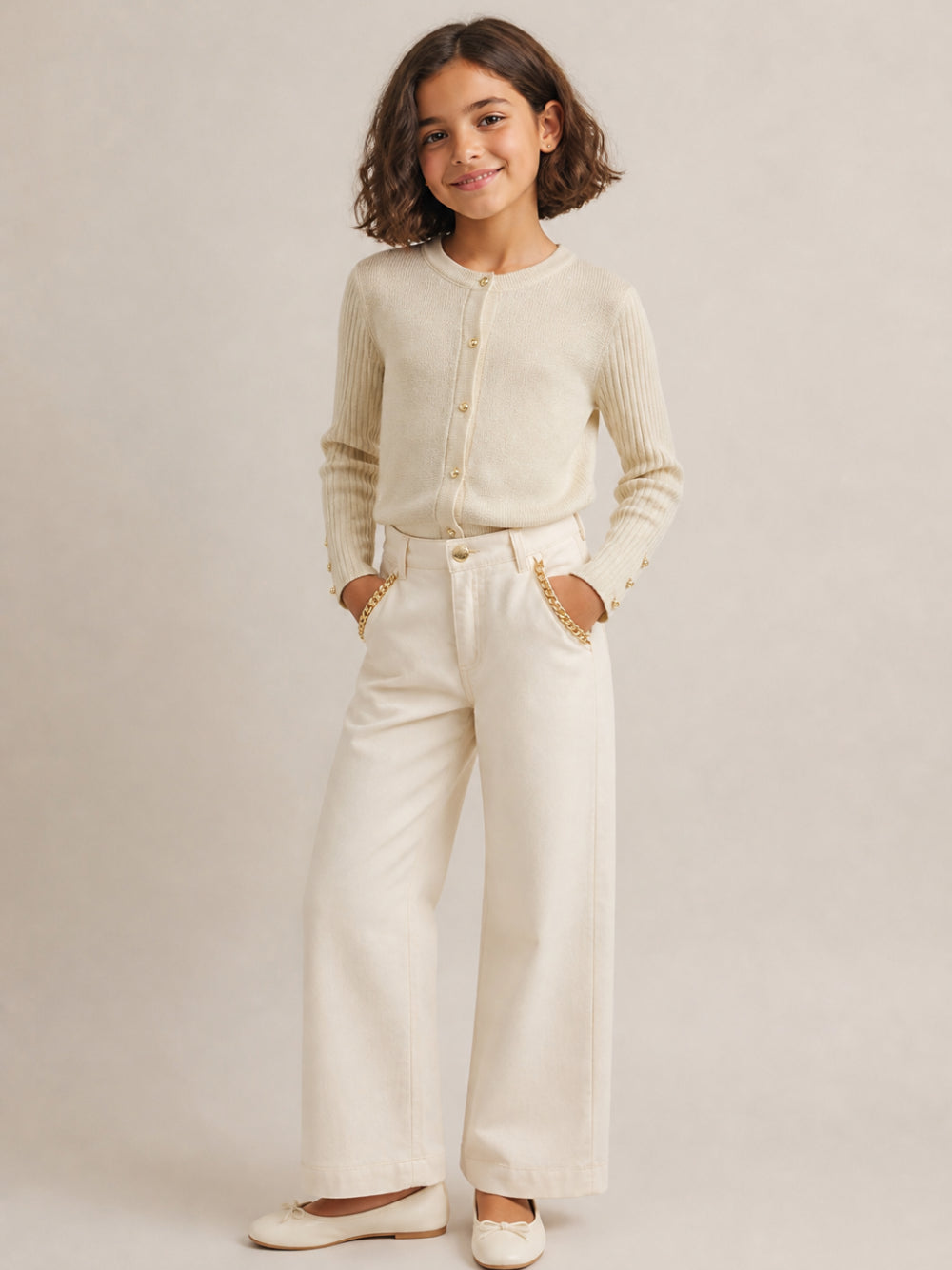 Pantaloni per bambina Michael Kors Kids bianchi con dettaglio catena dorata R30706 190 MICHAEL KORS KIDS