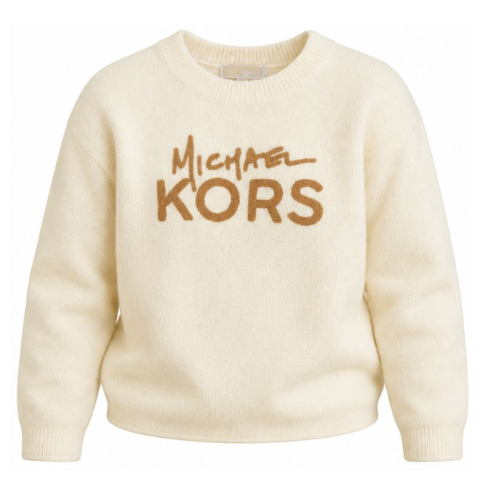 Maglione per bambina Michael Kors Kids beige con logo sul davanti R30718 190 MICHAEL KORS KIDS