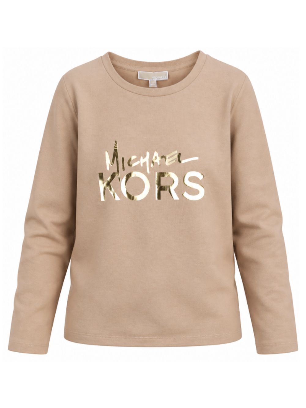 T-shirt per bambina Michael Kors Kids beige con stampa con logo metallizzato sul davanti R30825 301 MICHAEL KORS KIDS