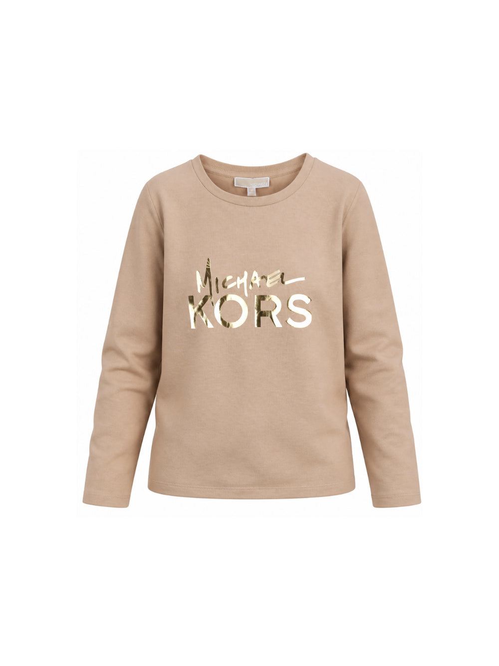 T-shirt per bambina Michael Kors Kids beige con stampa con logo metallizzato sul davanti R30825 301 MICHAEL KORS KIDS
