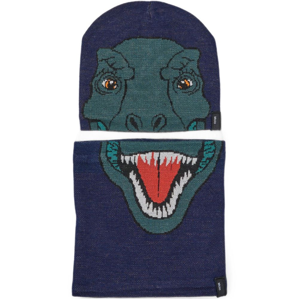 Set berretto e snood Kleo per bambini Molo blu con intarsio dinosauro 7W26S302 4015 MOLO KIDS