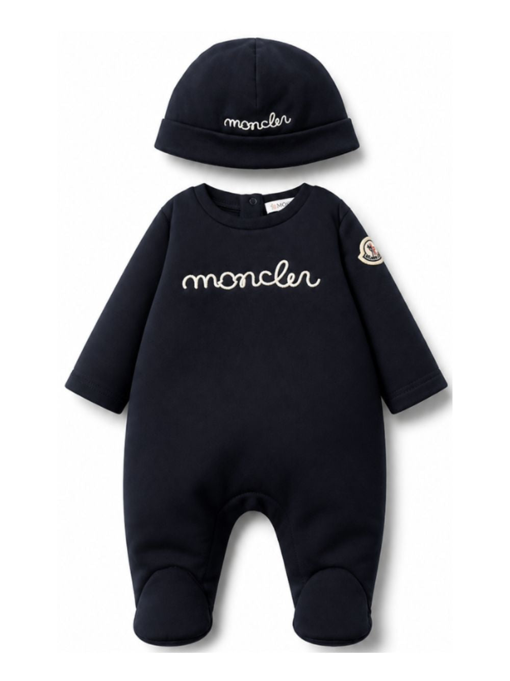 Tutina e berretto per neonati Moncler Kids blu con ricamo logo sul davanti L29518P000018392E 778 MONCLER KIDS