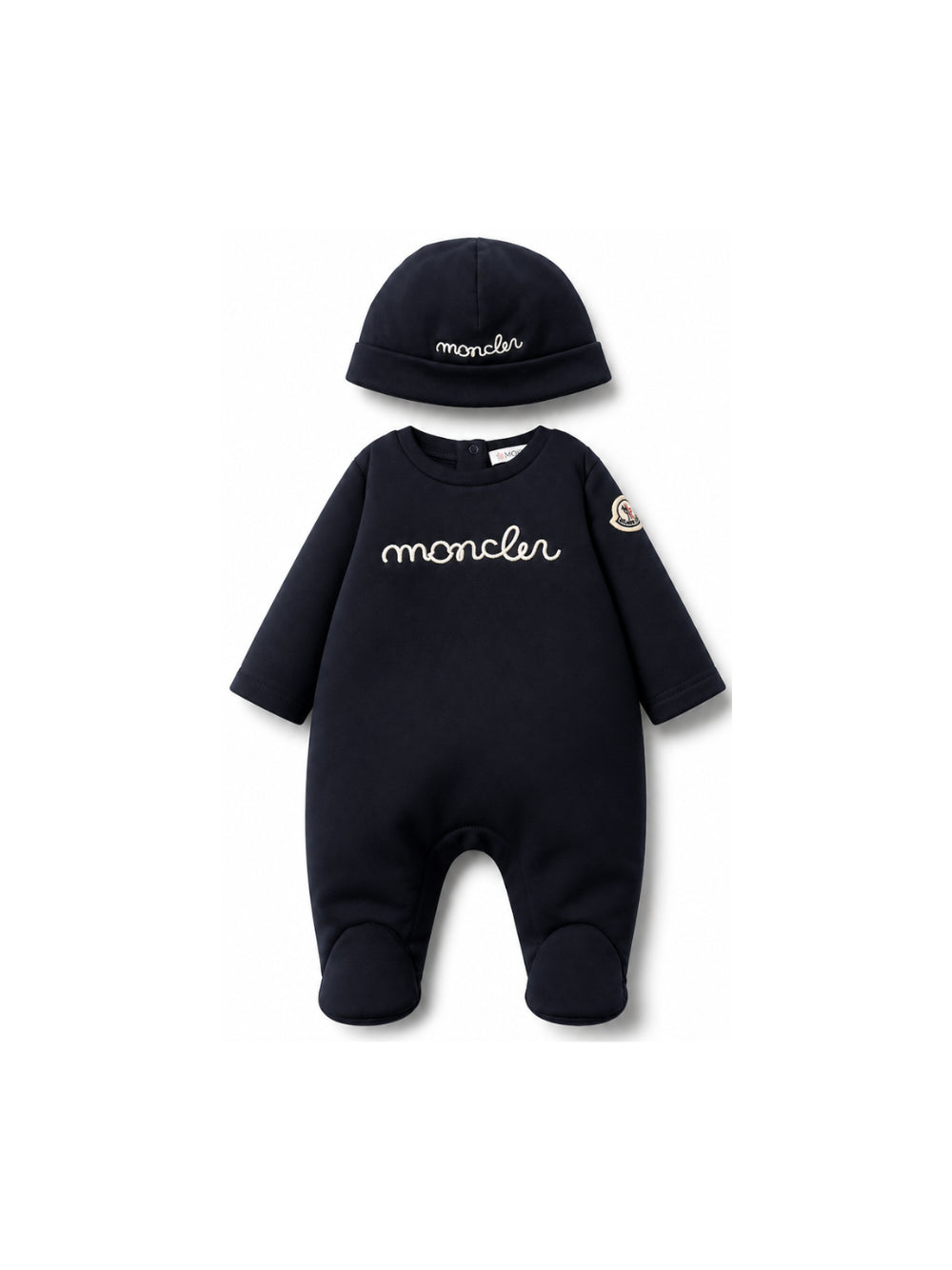 Tutina e berretto per neonati Moncler Kids blu con ricamo logo sul davanti L29518P000018392E 778 MONCLER KIDS