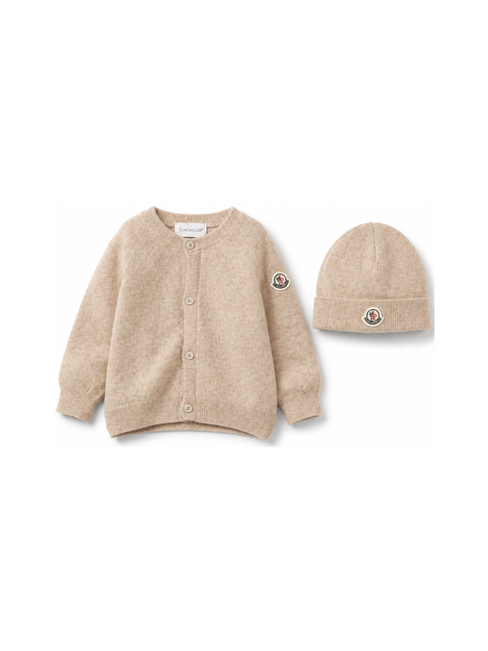 Set cardigan e berretto per neonati Moncler Kids beige con applicazione logo L29519E00001M4281 21E MONCLER KIDS