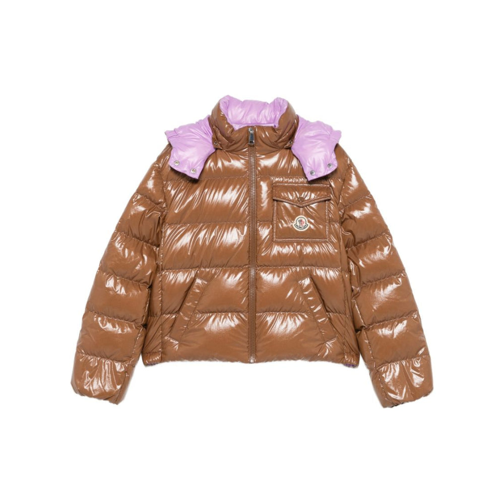 Giubbino imbottito per bambina Moncler Kids marrone con cappuccio a contrasto L29541A00003597EU 253 MONCLER KIDS