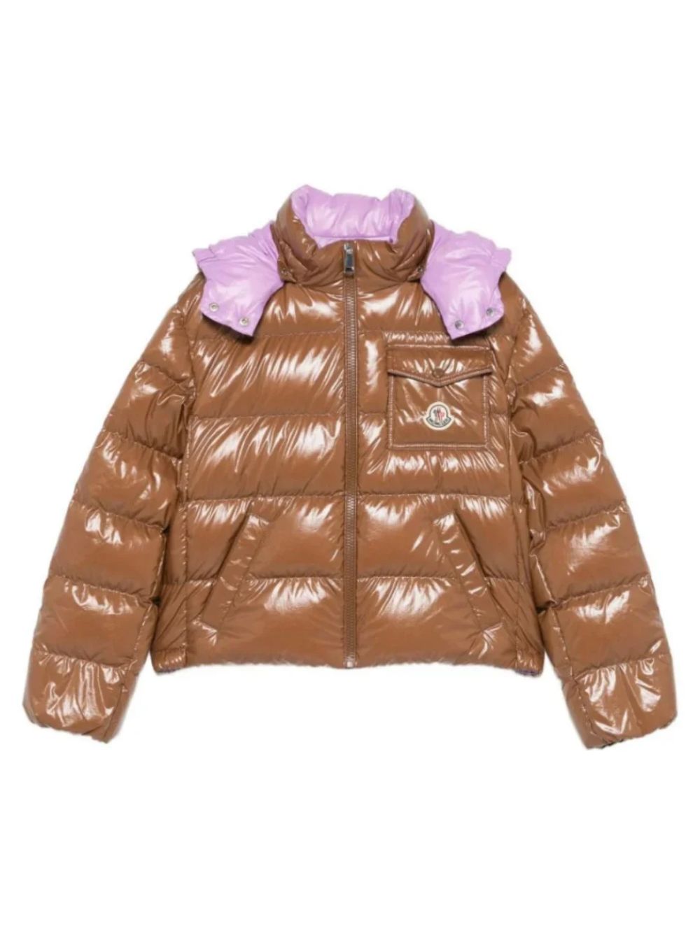 Giubbino imbottito per bambina Moncler Kids marrone con cappuccio a contrasto L29541A00003597EU 253 MONCLER KIDS