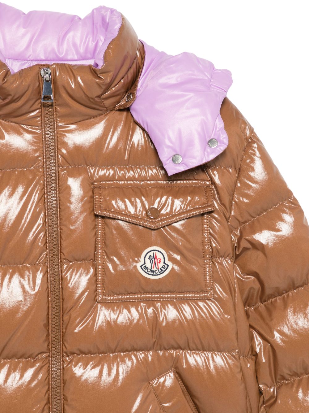 Giubbino imbottito per bambina Moncler Kids marrone con cappuccio a contrasto L29541A00003597EU 253 MONCLER KIDS