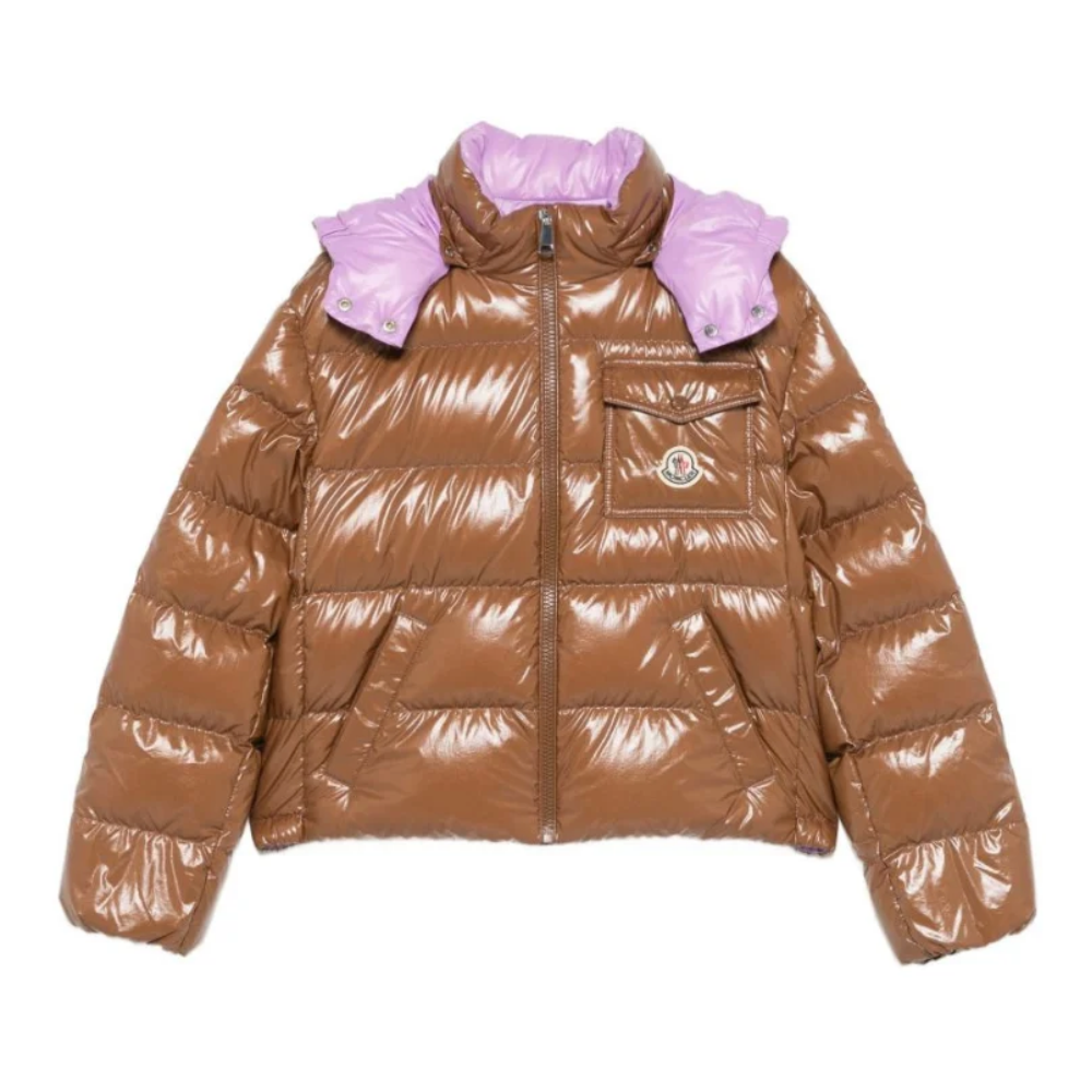 Giubbino imbottito per bambina Moncler Kids marrone con cappuccio a contrasto L29541A00003597EU 253 MONCLER KIDS