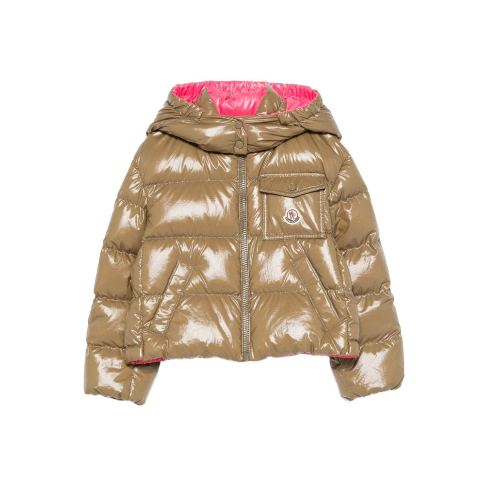 Giubbino imbottito per bambina Moncler Kids marrone con cappuccio a contrasto L29541A00003597EU 82E MONCLER KIDS